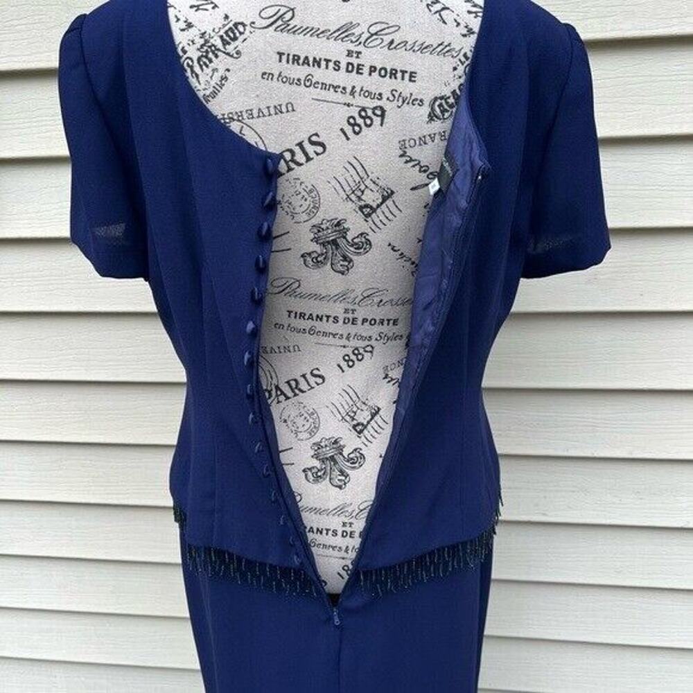 Navy blue vintage donna Morgan short sleeve round neck midi dress w/ beaded - Picture 5 of 9